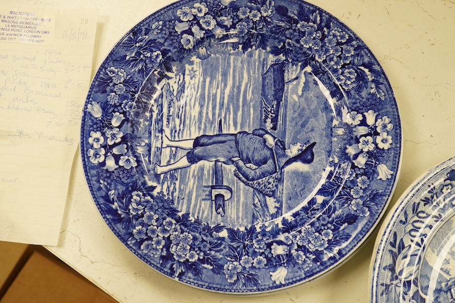 Six early 19th century blue and white transfer printed plates, including Spode, and three Wedgewood months blue and white plates, c.1900 largest 26cm in diameter. Condition - fair